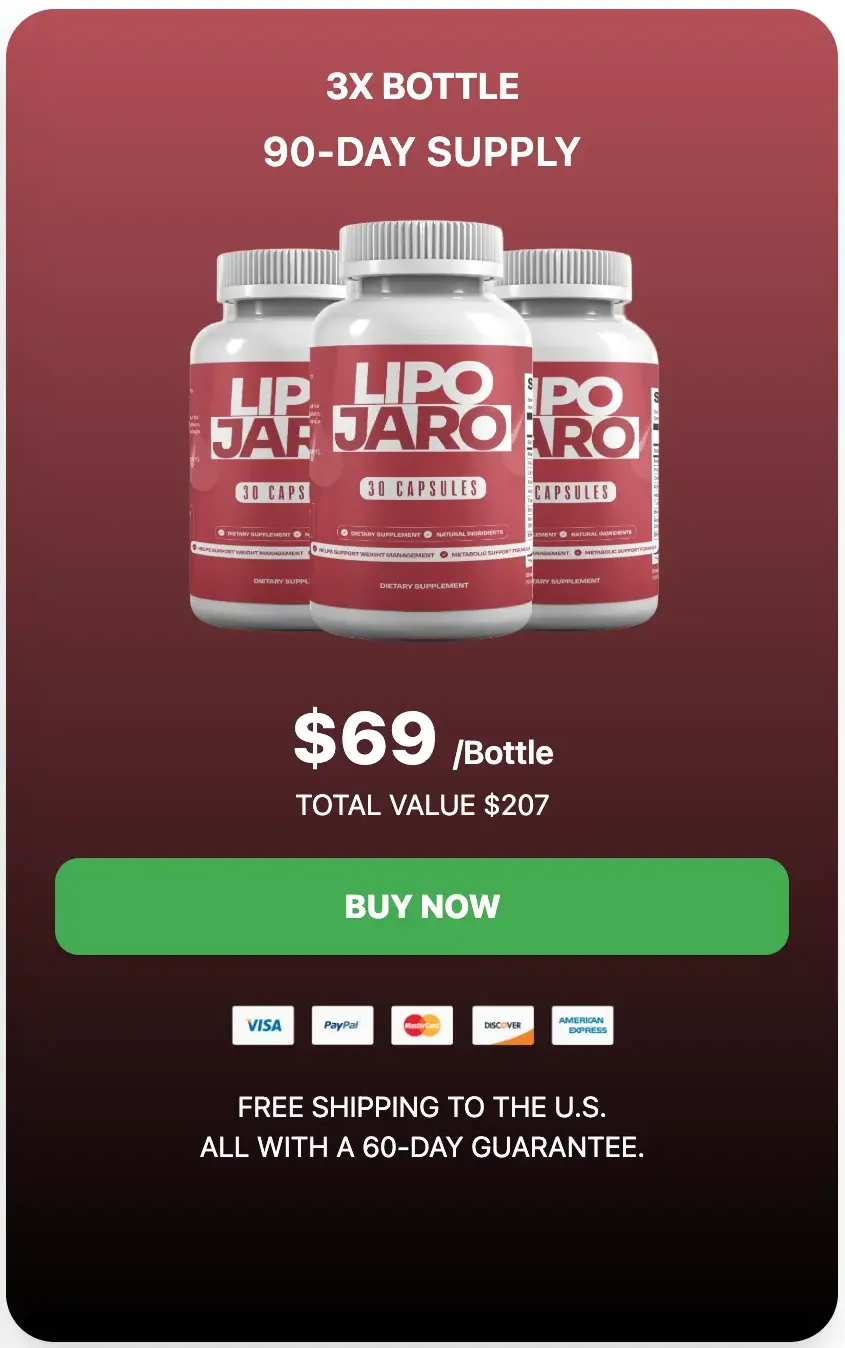 LipoJaro 3-bottle package — 90-day supply at $69 per bottle plus free U.S. shipping
